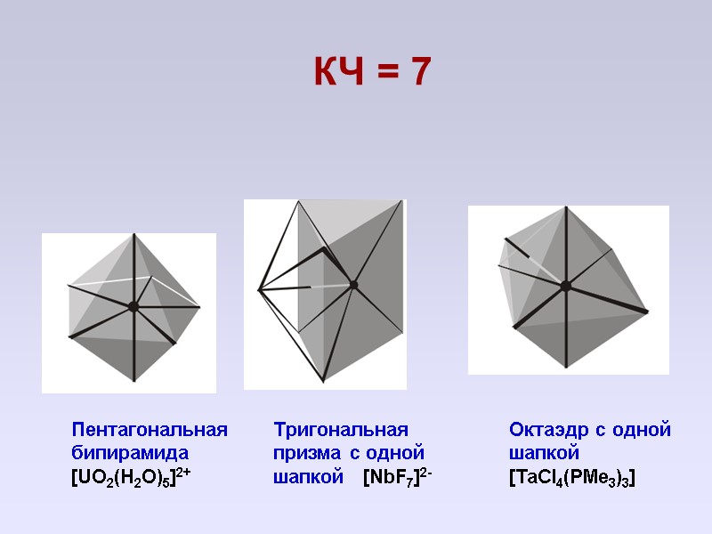 КЧ = 7 Пентагональная бипирамида [UO2(H2O)5]2+  Тригональная призма с одной шапкой  